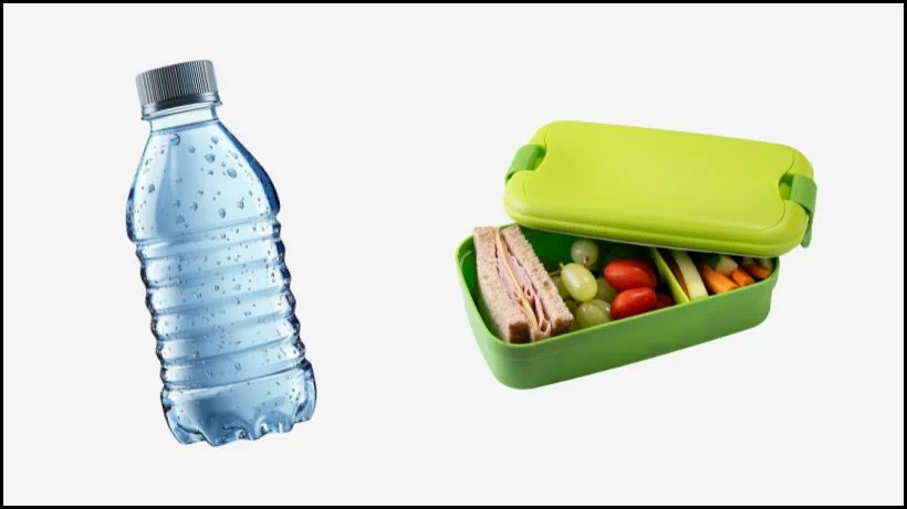 Eine frische Wasserflasche und eine gefüllte grüne Brotdose als Verpflegung für einen langen Sondeltag