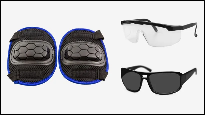 Blaue Kniepolster, eine klare Schutzbrille und eine schwarze Sonnenbrille für Sondengänger als Ausrüstungswahl