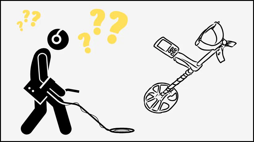 Fehler bei der Metalldetektion: Eine Illustration zeigt einen ratlosen Sondengänger mit Fragezeichen über dem Kopf neben seinem Metalldetektor.