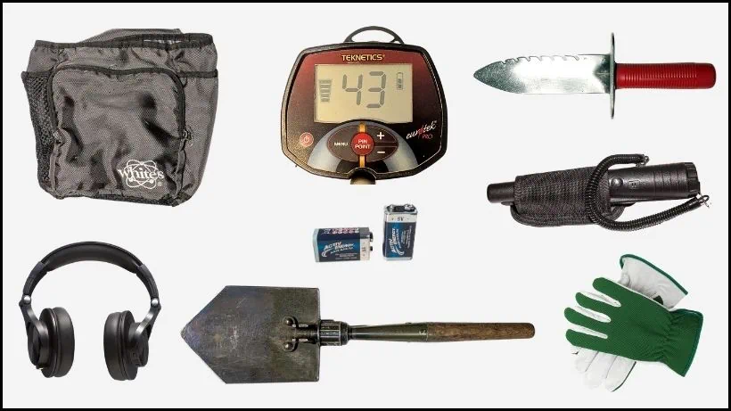 Vollständige Ausrüstung zum Sondeln: Metalldetektor, Pinpointer, Grabungsmesser, Klappspaten und Zubehör für die Schatzsuche.