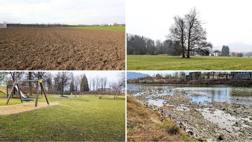 Überblick der besten Plätze zum Sondeln: Umgepflügter Acker, alte Wiese mit markantem alten Baum, öffentlicher Park und Flussufer.