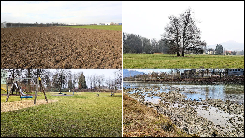 Sondeln Einsteiger Tipps: Überblick der besten Plätze zum Sondeln: Umgepflügter Acker, alte Wiese mit markantem alten Baum, öffentlicher Park und Flussufer.