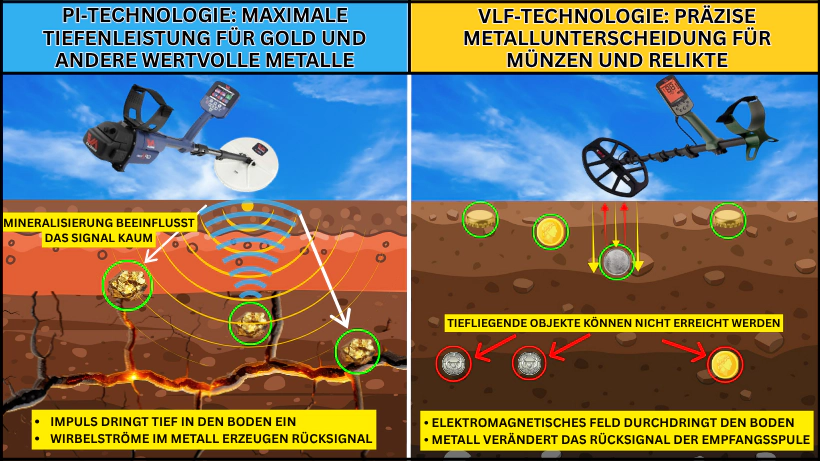 Vergleichsgrafik von VLF‑, Multifrequenz‑ und Pulsinduktions‑Metalldetektoren mit typischen Signalformen und Detektionstiefen; zeigt Unterschiede in Tiefenleistung, Metallunterscheidung und Verhalten in verschiedenen Bodenverhältnissen.