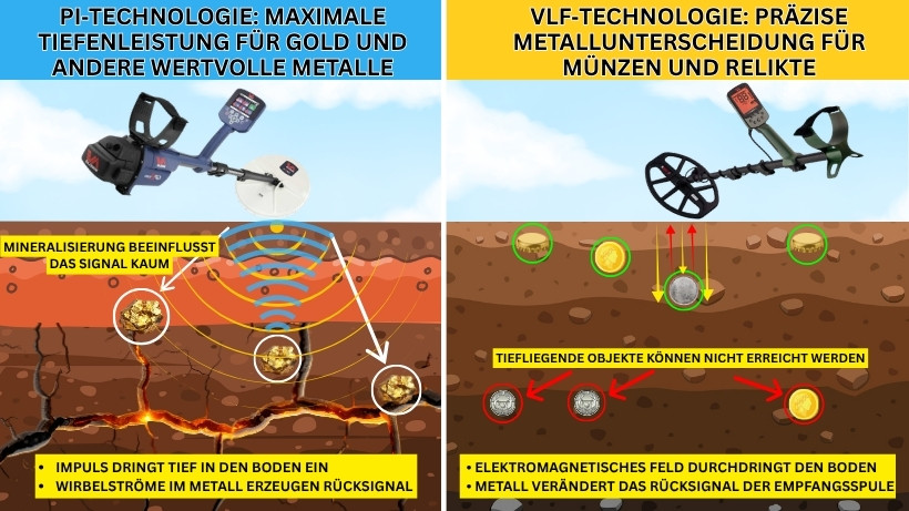 Vergleichsbild von Pulsinduktions‑ und VLF‑Metalldetektoren in typischen Einsatzgebieten: PI‑Detektor am Strand oder für salzhaltige Böden, VLF‑Detektor auf einer Wiese für Münzen und Relikte.