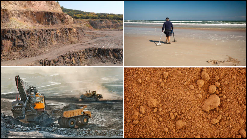 Vier geteilte Bilder zeigen Einsatzbereiche für Pulsinduktions-Metalldetektoren bei stark mineralisiertem Boden, im Steinbruch, am Strand und im Bergbau.