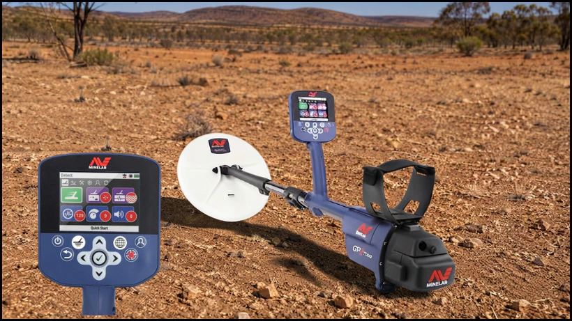 Pulsinduktions‑Detektor Minelab GPZ 7000 bei der Goldsuche auf steinigem, mineralisiertem Gelände.
