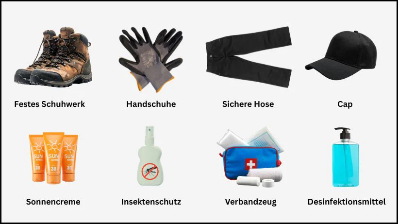 Sicherheit beim Sondeln: Übersicht der Schutzausrüstung mit festem Schuhwerk, Handschuhen, Sonnenschutz und Erster-Hilfe-Set.