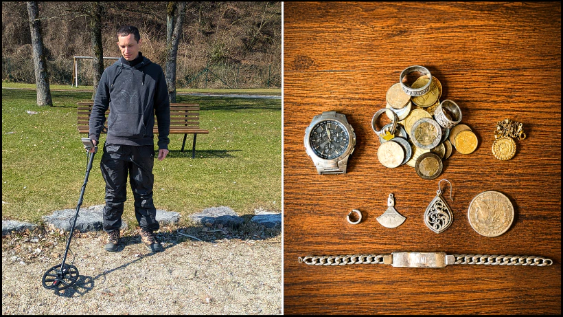 Ein Metallsucher sucht am Strand mit seinem Metalldetektor nach verlorenen Gegenständen wie, Münzen und Schmuck.