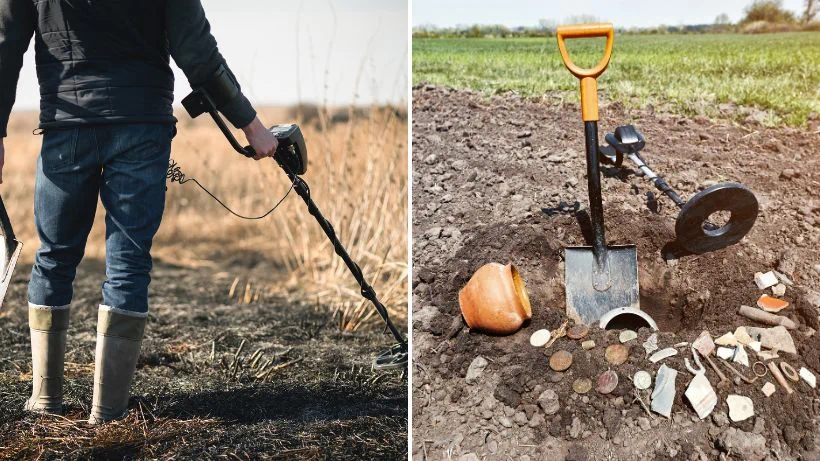 Die 10+ besten Sondel‑Einsteiger-Tipps & Tricks -Tipps: Sondler bei der Suche im Feld und ausgegrabene Funde wie Münzen und Metallobjekte neben einem Grabungsloch.