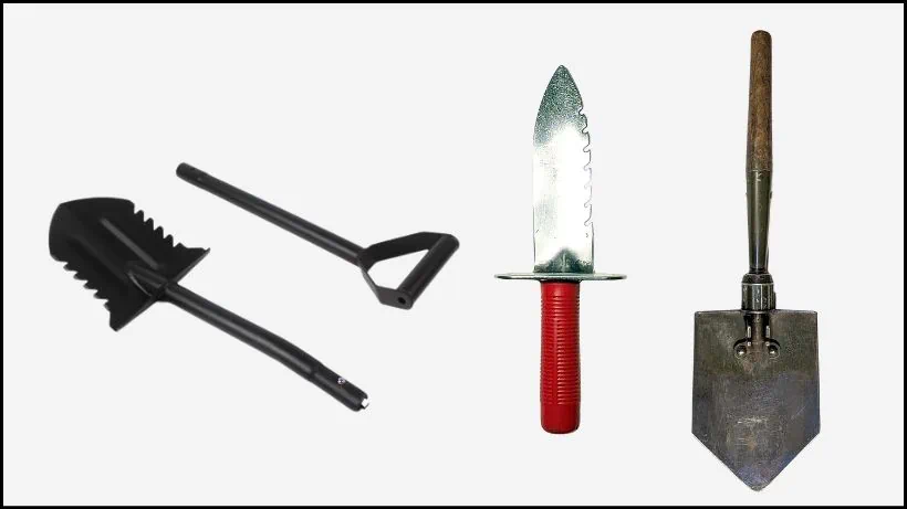 Verschiedene Grabungswerkzeuge für Sondengänger: Stabiler Spaten, Handschaufel und gezacktes Ausgrabungsmesser aus Edelstahl.