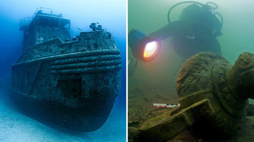 Die Unterwasser Schatzsuche mit einem Pulsinduktions-Metalldetektor, wie zb. bei Schiffswracks oder Unterwasser Ausgrabungsstätten.