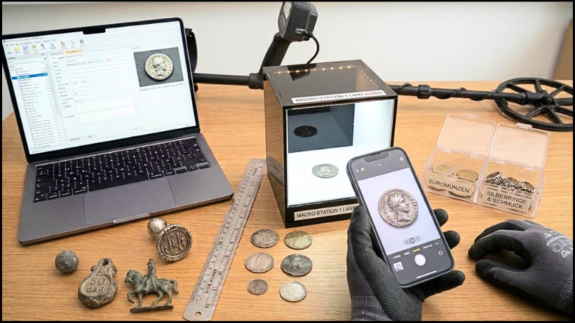 Ausgebreitete Metalldetektor-Funde wie Münzen und Schmuck liegen auf einem Tisch neben Laptop und Maßband für das Dokumentieren und Analysieren von Funden.