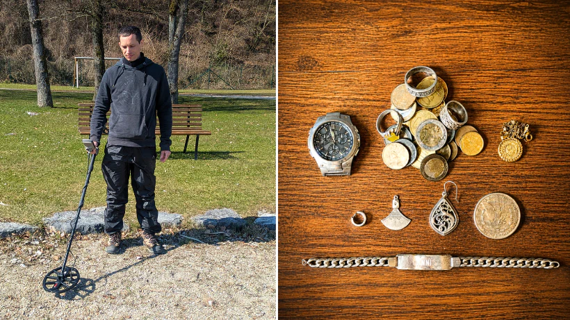 Ein Metallsucher sucht am Strand mit seinem Metalldetektor nach verlorenen Gegenständen wie, Münzen und Schmuck.