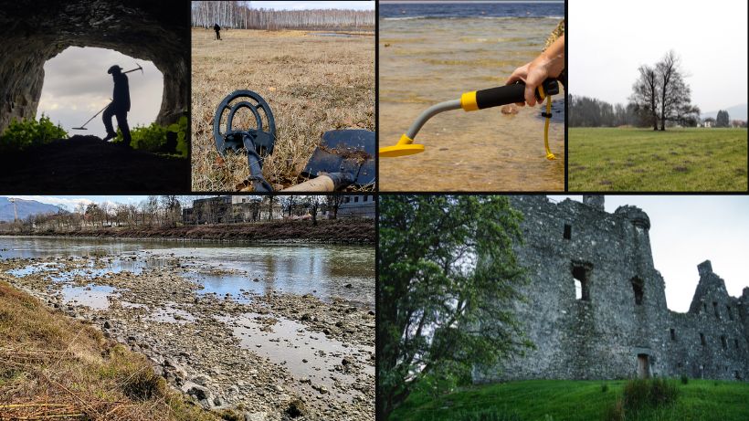 Collage verschiedener Einsatzgebiete für Metalldetektoren: Strand, Wald, Acker, Park, Ruinen und felsige Bereiche als typische Suchumgebungen.