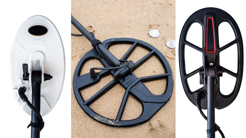 Drei verschiedene Metalldetektor‑Suchspulen im Vergleich: DD‑Spule, Monospule und elliptische Spule, jeweils mit typischen Formen und Einsatzbereichen