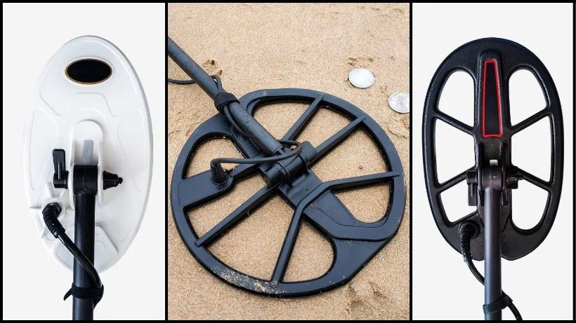 Drei verschiedene Metalldetektor‑Suchspulen im Vergleich: DD‑Spule, Monospule und elliptische Spule, jeweils mit typischen Formen und Einsatzbereichen