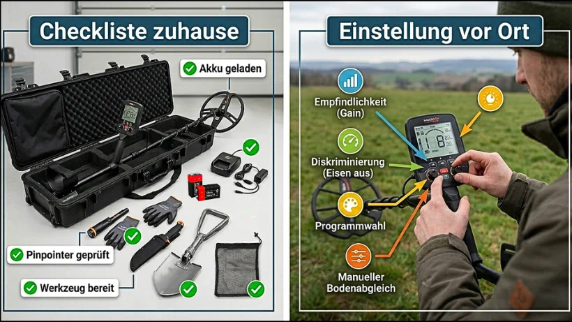 Vor der Metallsuche, Ausrüstung prüfen und Einstellungen am Metalldetektor vor dem Sondeln Tschechen.