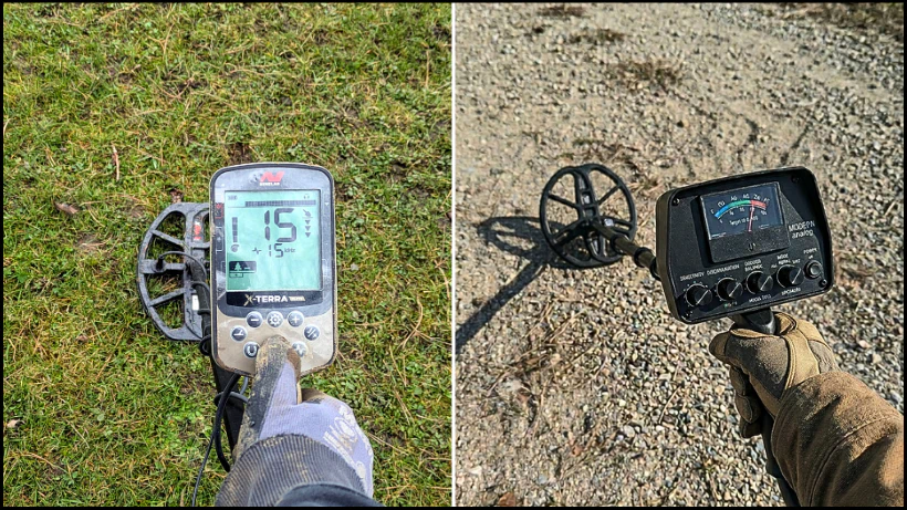 Vergleich zwischen digitalem und analogem Metalldetektor: links ein Modell mit Display über Grasboden, rechts ein analoger Detektor mit Nadelanzeige und Reglern über Kies.