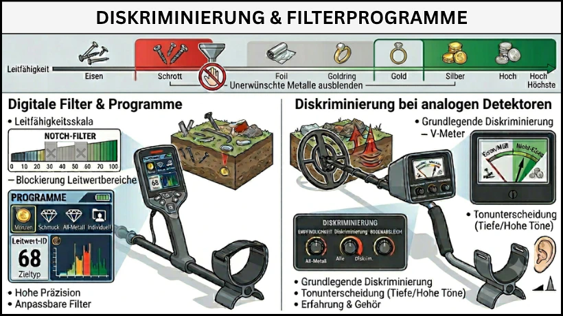 Vergleichsgrafik zur Metallerkennung von digitalen und analogen Metalldetektoren: digitale Modelle mit Leitwert‑Skala, Notch‑Filter und Suchprogrammen gegenüber analogen Detektoren mit V‑Meter, Tonunterscheidung und manueller Diskriminierung.