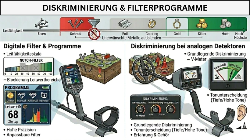 Vergleichsgrafik zur Metallerkennung von digitalen und analogen Metalldetektoren: digitale Modelle mit Leitwert‑Skala, Notch‑Filter und Suchprogrammen gegenüber analogen Detektoren mit V‑Meter, Tonunterscheidung und manueller Diskriminierung.