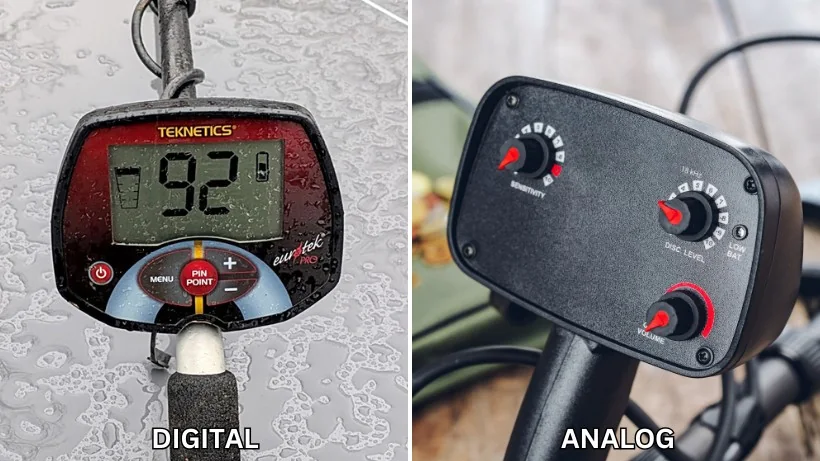 Vergleich zwischen digitalem und analogem Metalldetektor – welches ist das beste Metallsuchgerät? Links ein digitales Modell mit Display, rechts ein analoger Detektor mit Drehreglern.