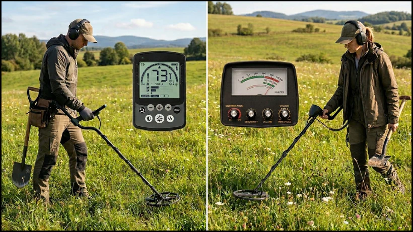Zwei Sondengänger im Gelände: links ein Nutzer mit digitalem Metalldetektor mit Display, rechts ein Nutzer mit einem klassischen analogen Detektor, der rein über Drehregler bedient wird. Das Bild zeigt den Unterschied in Bedienung und Technik, wie sie für Einsteiger relevant sind.