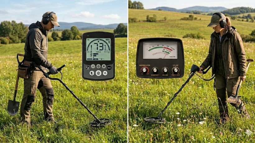 Zwei Sondengänger im Gelände: links ein Nutzer mit digitalem Metalldetektor mit Display, rechts ein Nutzer mit analogem Detektor mit Nadelanzeige. Das Bild zeigt den Unterschied in Bedienung und Technik, wie sie für Einsteiger relevant sind.