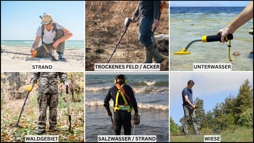Bestes Metallsuchgerät in verschiedenen Bodenverhältnisse Collage mit sechs typischen Bodenverhältnissen für Metalldetektoren: Strand, trockenes Feld, Unterwasser, Waldgebiet, salzhaltiger Küstenbereich und Wiese. Die Grafik zeigt, wie unterschiedliche Untergründe die Leistung und Einstellungen von Metalldetektoren beeinflussen.