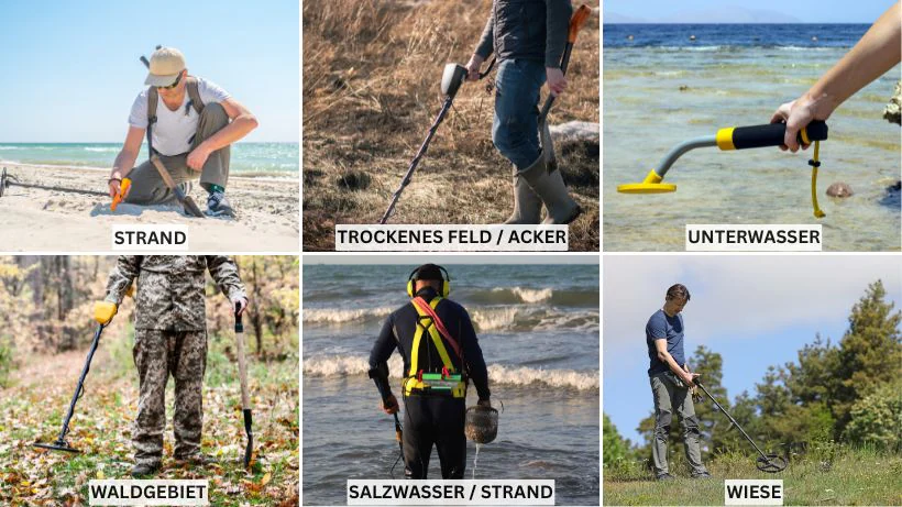 Bestes Metallsuchgerät Collage mit sechs typischen Bodenverhältnissen für Metalldetektoren: Strand, trockenes Feld, Unterwasser, Waldgebiet, salzhaltiger Küstenbereich und Wiese. Die Grafik zeigt, wie unterschiedliche Untergründe die Leistung und Einstellungen von Metalldetektoren beeinflussen.
