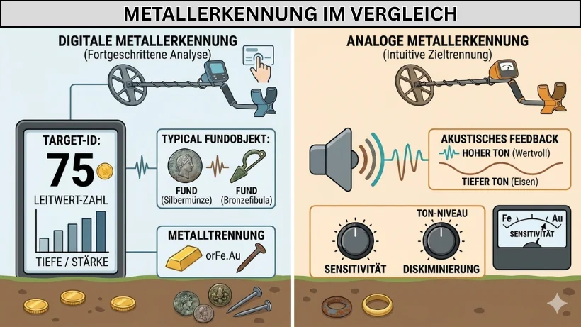 Vergleichsgrafik zwischen digitaler und analoger Metallerkennung: links ein digitaler Metalldetektor mit Leitwert‑Anzeige, Tiefenbalken und typischen Funden wie Silbermünze und Bronzefibula; rechts ein analoger Metalldetektor mit Tonhöhen‑Darstellung, Sensitivitäts‑ und Diskriminierungsreglern sowie typischen Fundobjekten im Boden.