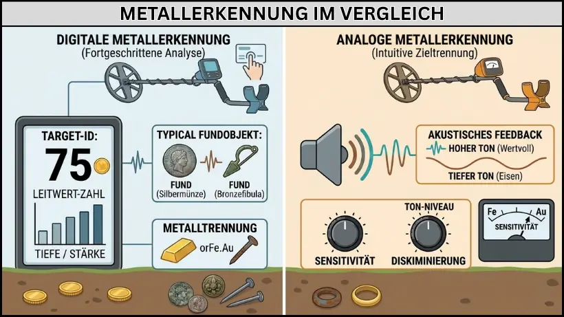 Vergleichsgrafik zwischen digitaler und analoger Metallerkennung: links ein digitaler Metalldetektor mit Leitwert‑Anzeige, Tiefenbalken und typischen Funden wie Silbermünze und Bronzefibula; rechts ein analoger Metalldetektor mit Tonhöhen‑Darstellung, Sensitivitäts‑ und Diskriminierungsreglern sowie typischen Fundobjekten im Boden.