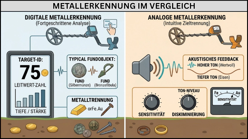 Vergleichsgrafik zwischen digitaler und analoger Metallerkennung: links ein digitaler Metalldetektor mit Leitwert‑Anzeige, Tiefenbalken und typischen Funden wie Silbermünze und Bronzefibula; rechts ein analoger Metalldetektor mit Tonhöhen‑Darstellung, Sensitivitäts‑ und Diskriminierungsreglern sowie typischen Fundobjekten im Boden.