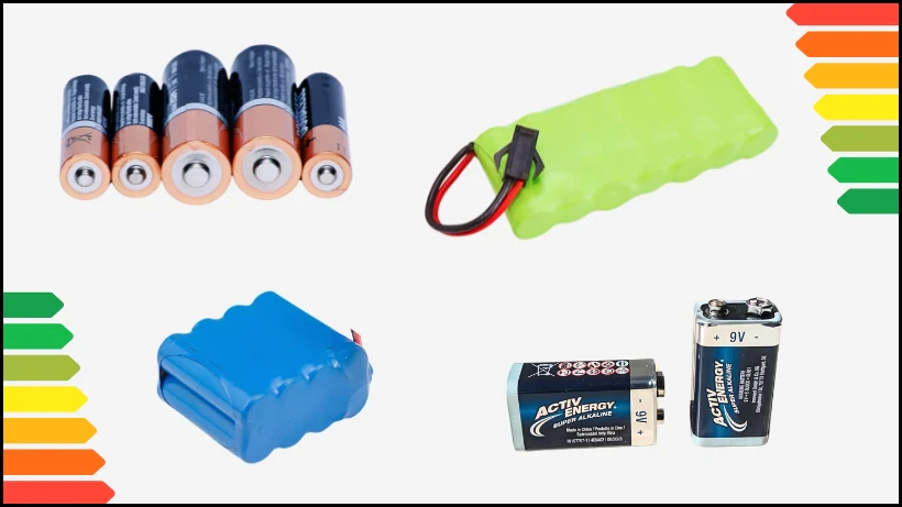 Grafik mit verschiedenen Batterie‑ und Akkutypen für Metalldetektoren: AA‑Batterien, 9‑Volt‑Blöcke und wiederaufladbare Akku‑Packs als Vergleich der möglichen Stromversorgungen.