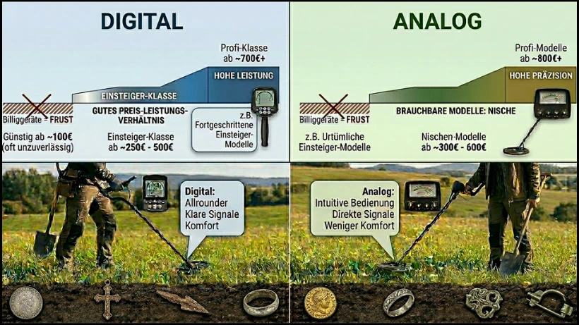 Grafik zum Preisvergleich von digitalen und analogen Metalldetektoren: links digitale Modelle mit Einsteiger‑, Mittel‑ und Profi‑Preisklassen, rechts analoge Detektoren mit typischen Preisbereichen und Leistungsunterschieden.