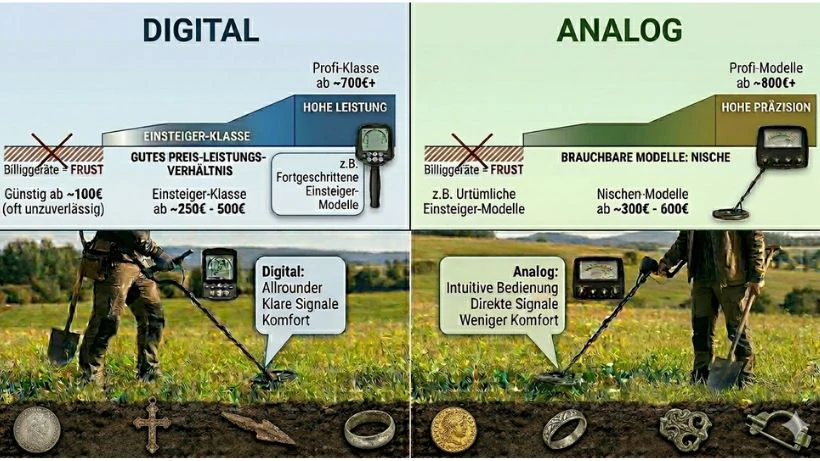 Grafik zum Preisvergleich von digitalen und analogen Metalldetektoren: links digitale Modelle mit Einsteiger‑, Mittel‑ und Profi‑Preisklassen, rechts analoge Detektoren mit typischen Preisbereichen und Leistungsunterschieden.