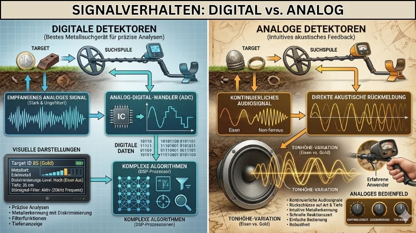 Infografik, die die Signalverarbeitung von digitalen und analogen Metalldetektoren vergleicht: digitale Detektoren mit ADC, Algorithmen, Target‑ID und Tiefenanzeige; analoge Detektoren mit kontinuierlichen Audiosignalen, Tonhöhen‑Unterschieden und direkter Rückmeldung.