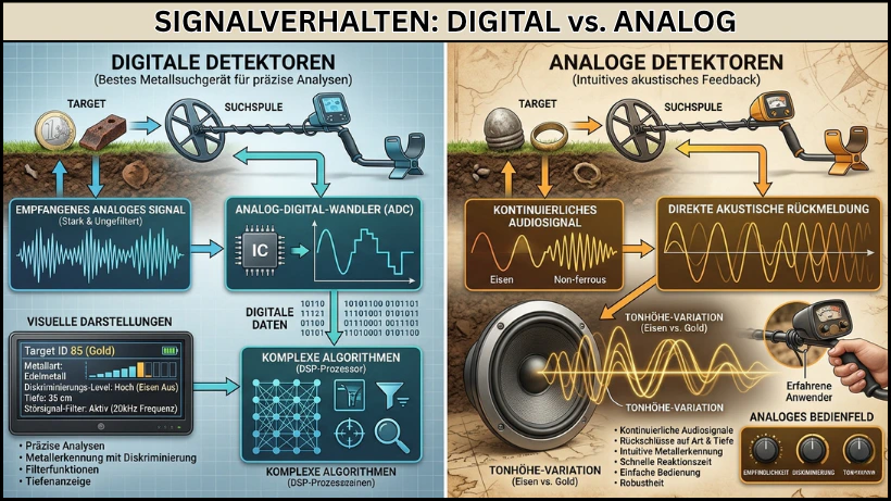 Infografik, die die Signalverarbeitung von digitalen und analogen Metalldetektoren vergleicht: digitale Detektoren mit ADC, Algorithmen, Target‑ID und Tiefenanzeige; analoge Detektoren mit kontinuierlichen Audiosignalen, Tonhöhen‑Unterschieden und direkter Rückmeldung.
