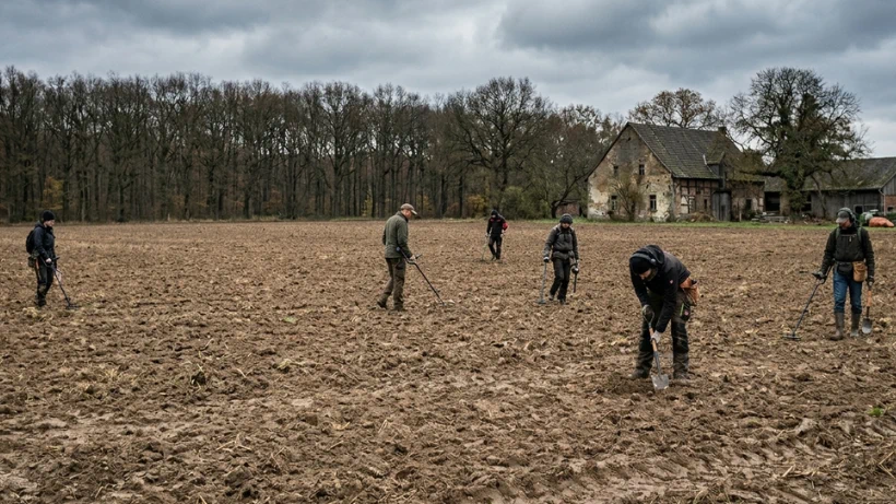 Sondengänger Gemeinschaft, vernetze dich mit anderen Sondlern. Mehrere Sondengänger durchsuchen einen frisch gepflügten Acker mit Metalldetektoren. Das Bild zeigt eine typische Sondelgruppe bei der Suche nach Funden auf einem Feld.