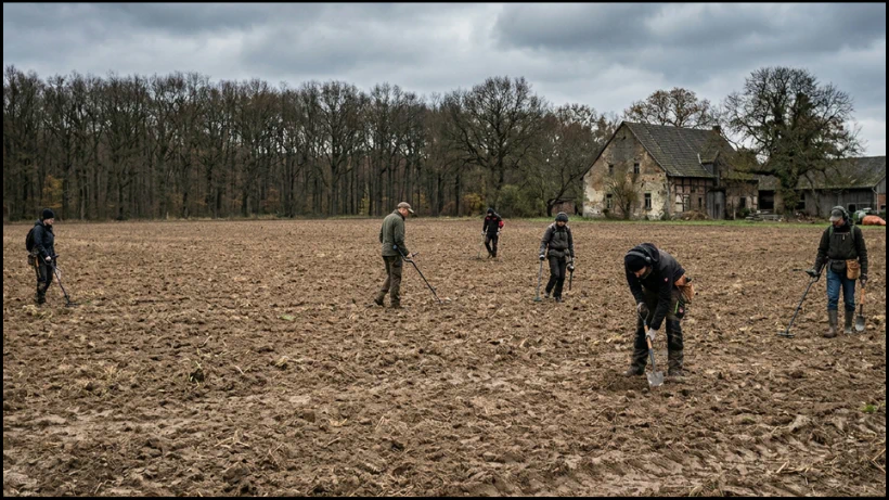 Sondler Gemeinschaft, vernetze dich mit anderen Sondlern. Mehrere Metallsucher durchsuchen einen frisch gepflügten Acker mit Metalldetektoren. Das Bild zeigt eine typische Sondelgruppe bei der Suche nach Funden auf einem Feld.