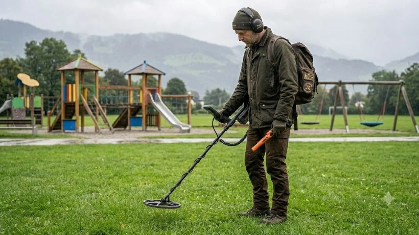 Ein Sondengänger sondelt auf einer Wiese neben einem Spielplatz und sucht mit seinem Metalldetektor nach modernen Funden wie Münzen und Schmuck.