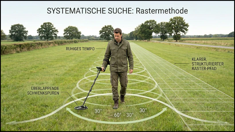 Sondengänger läuft systematische Rastermethode mit 30‑Grad‑Schwenk ab – ruhiges Tempo, überlappende Suchbahnen, klare Orientierung am Feldrand.