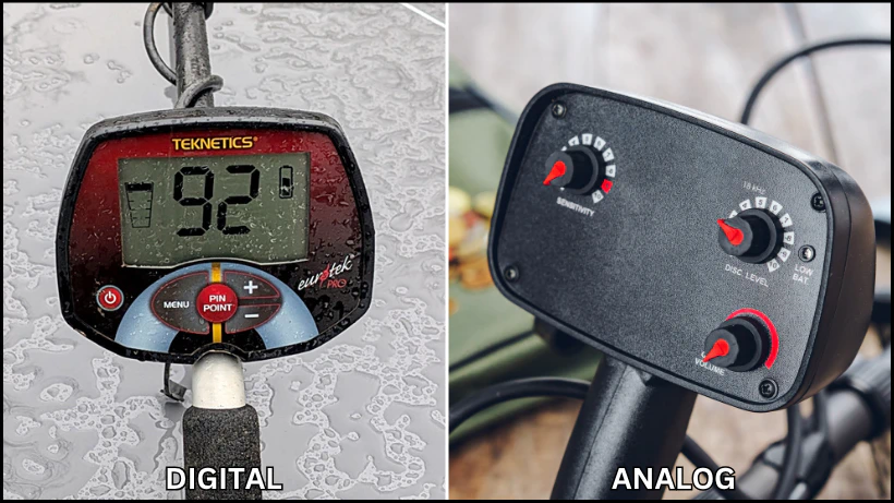 Vergleich zwischen digitalem und analogem Metalldetektor – welches ist das beste Metallsuchgerät? Links ein digitales Modell mit Display, rechts ein analoger Detektor mit Drehreglern.