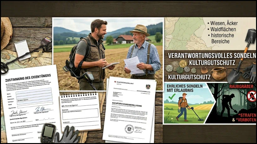 Collage zum Thema Genehmigungen beim Sondeln mit Eigentümerzustimmung, Nachforschungsbewilligung des Bundesdenkmalamtes und einem Sondengänger, der mit einem Grundstückseigentümer Dokumente bespricht.