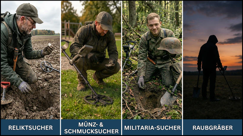 Collage mit vier verschiedenen Arten von Schatzsuchern: ein Reliktsucher auf dem Acker, ein Münz‑ und Schmucksucher im Park, ein Militaria‑Sucher im Wald sowie die Silhouette eines Raubgräbers.