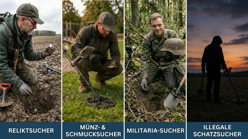 Collage mit vier verschiedenen Arten von Schatzsuchern: ein Reliktsucher auf dem Acker, ein Münz‑ und Schmucksucher im Park, ein Militaria‑Sucher im Wald sowie die Silhouette eines illegalen Schatzsuchers bei Sonnenuntergang. Das Bild zeigt die Vielfalt der Metalldetektor‑Community.