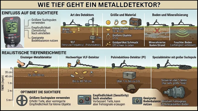 Infografik zur Suchtiefe von Metalldetektoren mit Einflussfaktoren wie Detektortyp, Objektgröße, Bodenverhältnissen und realistischen Tiefenbereichen von 20 cm bis über 5 Meter.