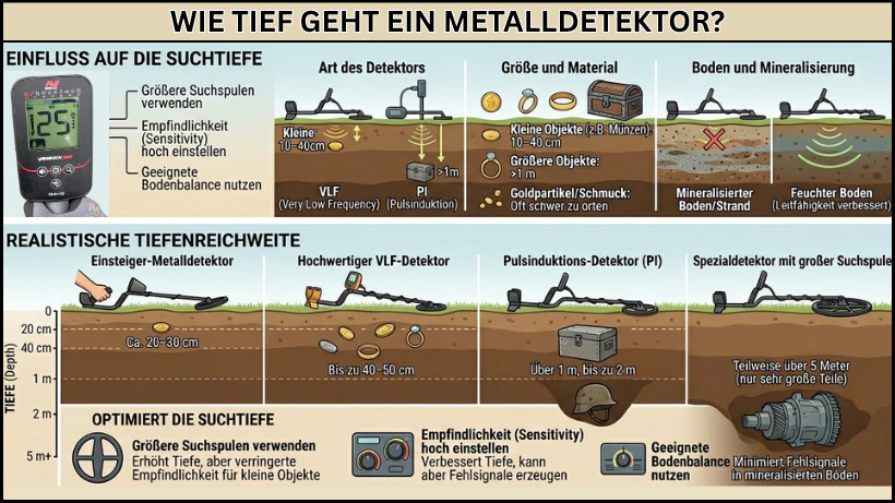 Infografik zur Suchtiefe von Metalldetektoren mit Einflussfaktoren wie Detektortyp, Objektgröße, Bodenverhältnissen und realistischen Tiefenbereichen von 20 cm bis über 5 Meter.