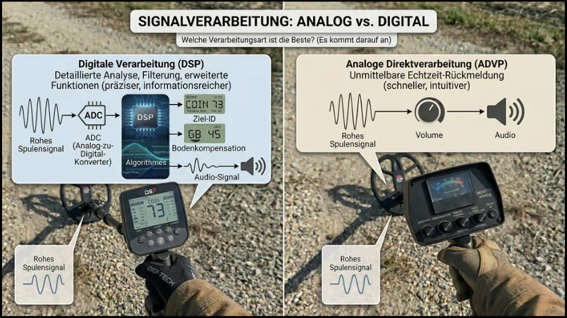 Infografik zur Signalverarbeitung von Metalldetektoren: links digitale Verarbeitung mit ADC, DSP und Ziel‑ID, rechts analoge Direktverarbeitung mit unmittelbarem Audiosignal.