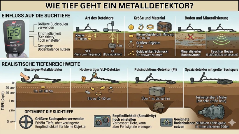 Infografik zur Suchtiefe von Metalldetektoren mit Einflussfaktoren wie Detektortyp, Objektgröße, Bodenverhältnissen und realistischen Tiefenbereichen von 20 cm bis über 5 Meter.