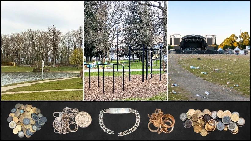 Die besten Suchgebiete für Münzen und Schmuck: Spielplätze, Liegewiesen, Festivalgelände für die Schatzsuche mit Metalldetektor. Funde wie Euromünzen, Schmuck, Gold, Silber.